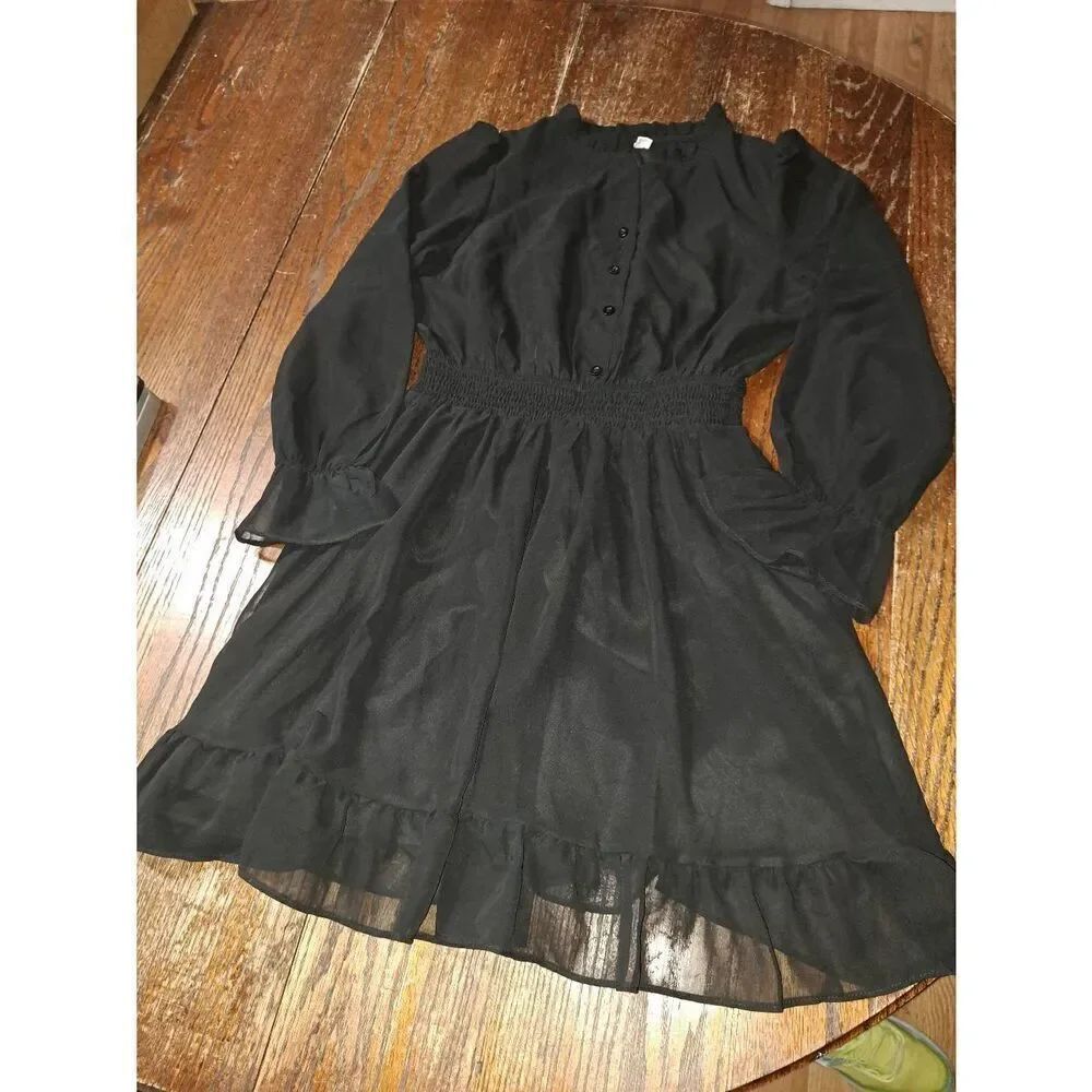 Small Exlura Black Sheer Long Sleeve Ruffle VNeck Wide Elastic Waist Mini Dress